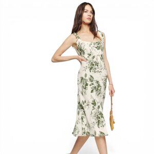 Reformation Leni Floral Print Square Neck Midi Dress Medium Green Ivory SZ M
